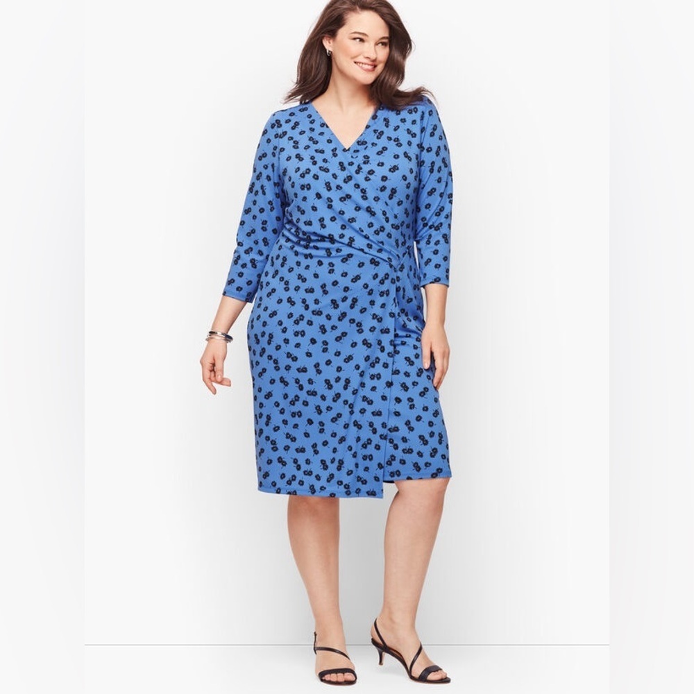 NWT Talbots Blue Floral Jersey Faux Wrap Dress Women’s Size 2X Career Feminine